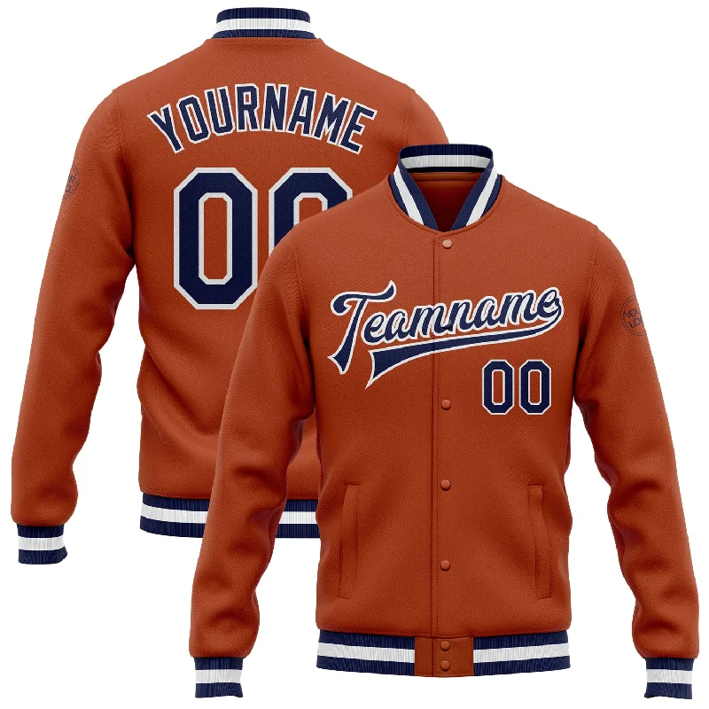 Gender-Neutral Trendy Clothing Styles High-End Style Discounts Custom Texas Orange Navy-White Bomber Full-Snap Varsity Letterman Jacket