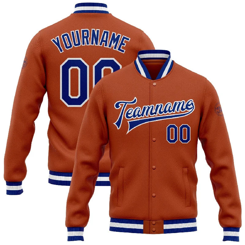 Relaxed-Fit Unisex Fashion For All-Day Comfort On-Trend Fashion Offers Custom Texas Orange Royal-White Bomber Full-Snap Varsity Letterman Jacket