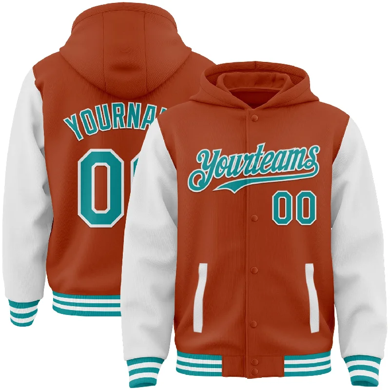 Stylish Unisex Outfit Ideas Additional Time-Limited Offers Custom Texas Orange Teal-White Bomber Full-Snap Varsity Letterman Two Tone Hoodie Jacket