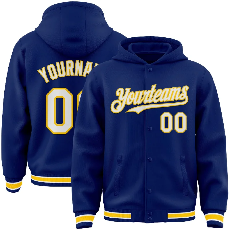 Classic Unisex Fashion Looks Spring Fashion Custom Royal White-Yellow Bomber Full-Snap Varsity Letterman Hoodie Jacket