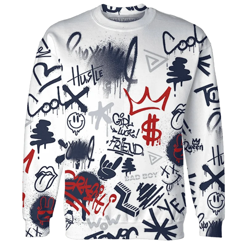 Casual Yet Sophisticated Unisex Fashion Trend Forward Threads NastyJamz White Navy 6s Sweatshirt Match Graffiti King Doodle Style All-Over Print Casual Yet Sophisticated Unisex Fashion Trend Forward Threads NastyJamz White Navy 6s Sweatshirt Match Graffiti King Doodle Style All-Over Print